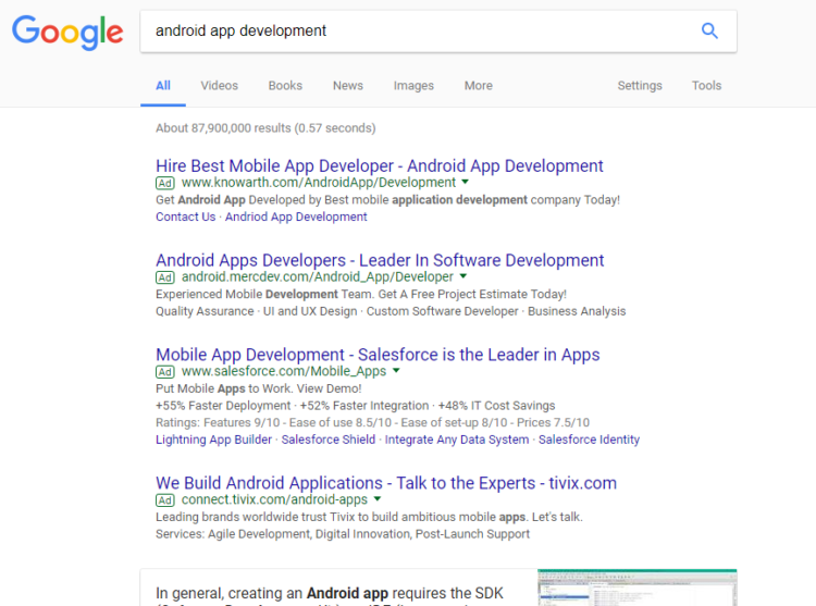 Результаты поиска в Google US по запросу «Android App Development»