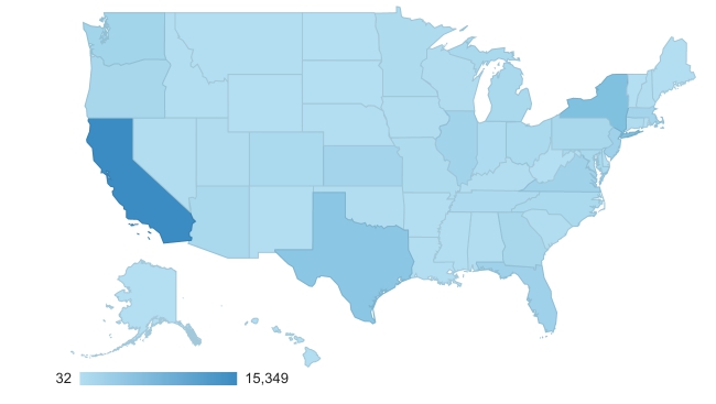 Отчет с трафиком по штатам США из Google Analytics (карта)
