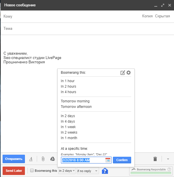 Интерфейс расширения Boomerang for Gmail