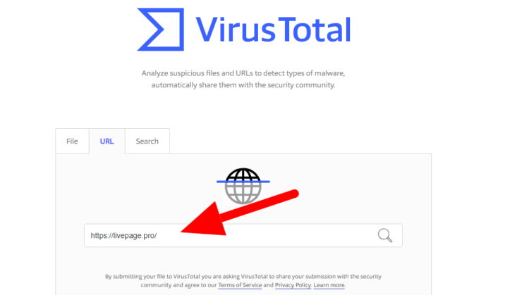 Страница для ввода адреса проверяемого ресурса Virus Total