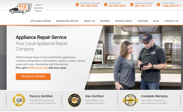 Скриншот интерфейса сайта fixappliances. Услуга по ремонту бытовой техники в Торонто