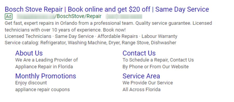 Пример объявления из Google Ads компании по ремонту бытовой техники во Флориде