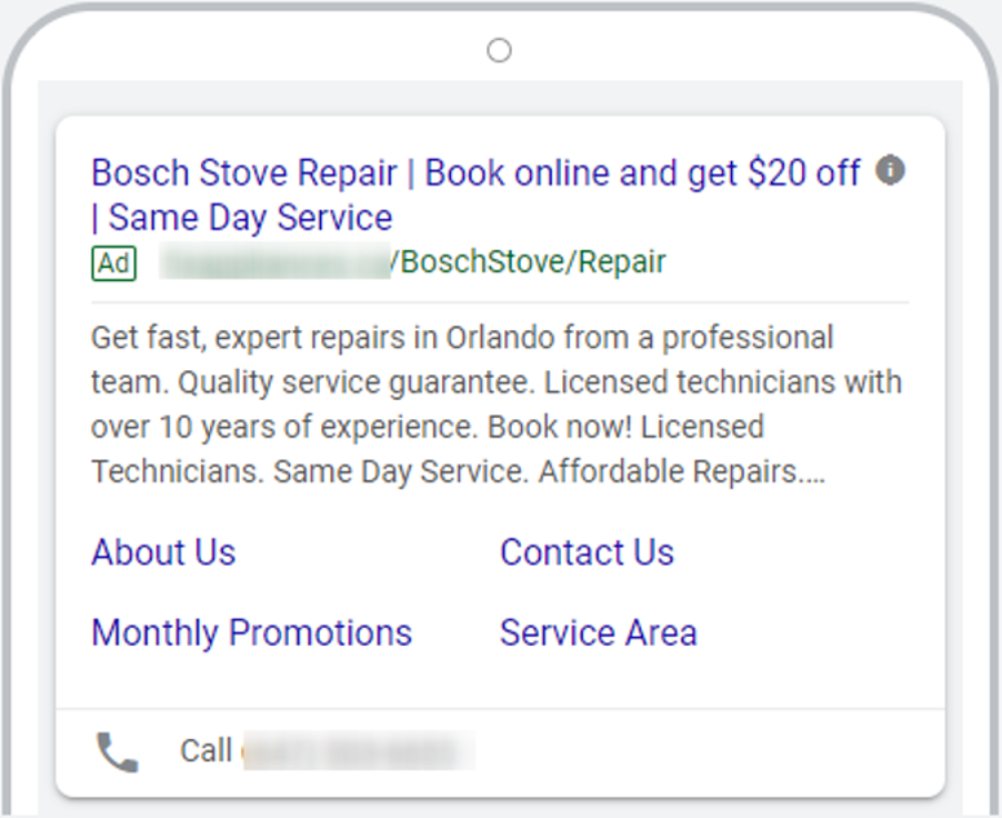 Пример объявления из Google Ads компании по ремонту бытовой техники во Флориде