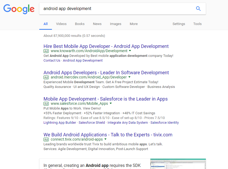 Результати пошуку в Google US за запитом «Android App Development»