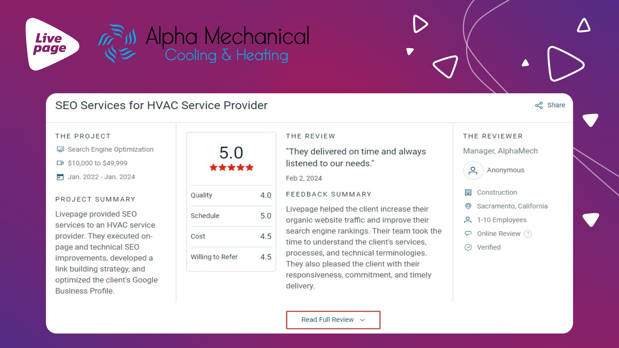 Відгук компанії Alpha Mechanical про співпрацю з Livepage - Livepage