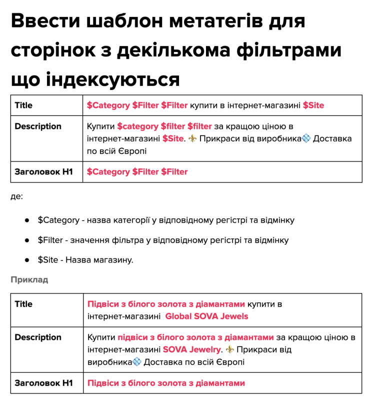 Частина ТЗ на формування метатегів для сторінок-фільтрів