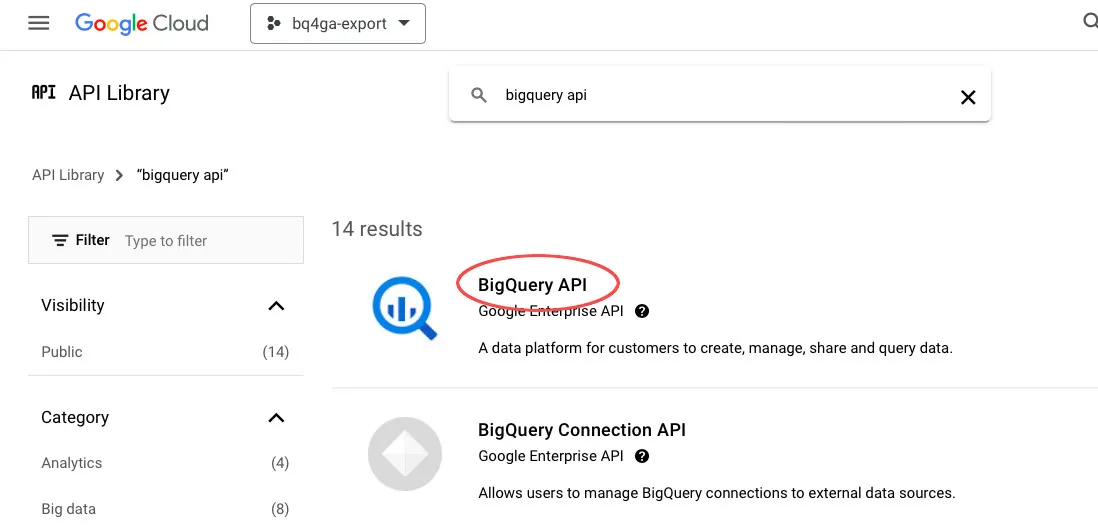 Натисніть на BigQuery API