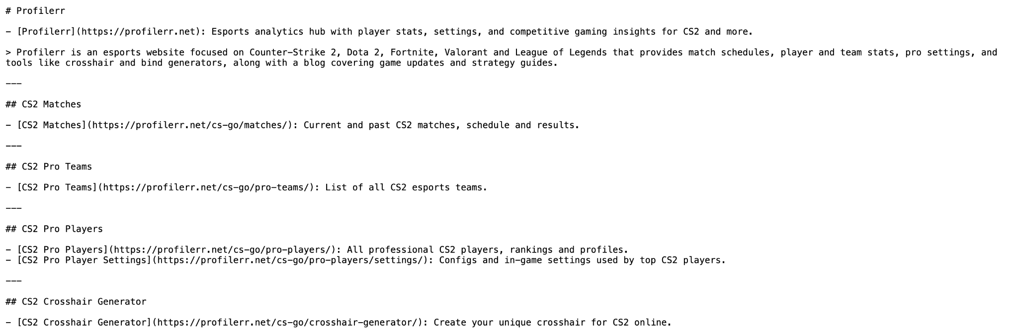Приклад формування файлу llms.txt на сайті Profilerr
