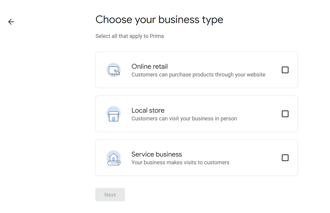 Оберіть тип бізнесу для створення Google Business Profile