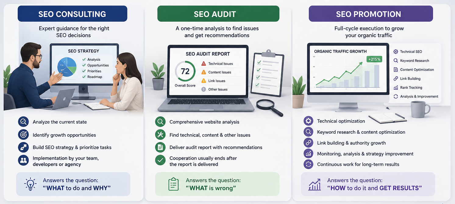 SEO-консалтинг vs SEO-аудит vs SEO-просування