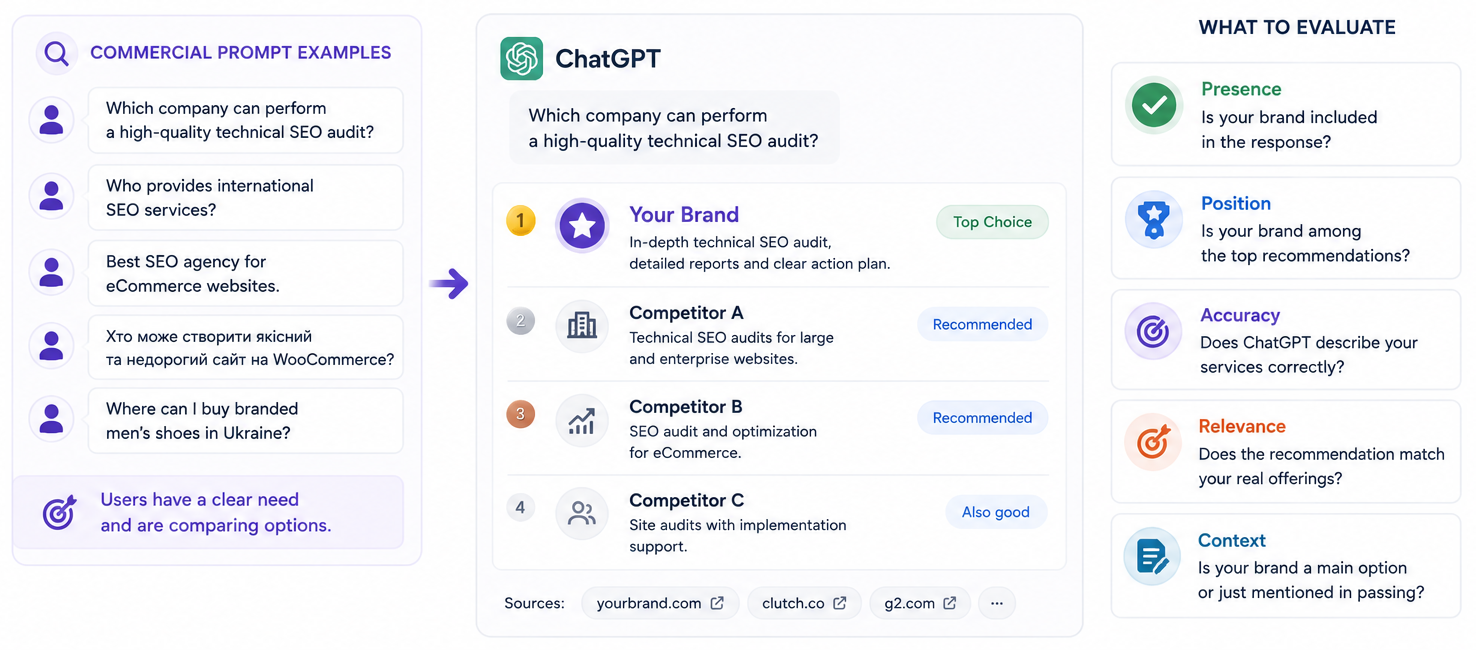 Перевірка AI Visibility за комерційними запитами в ChatGPT