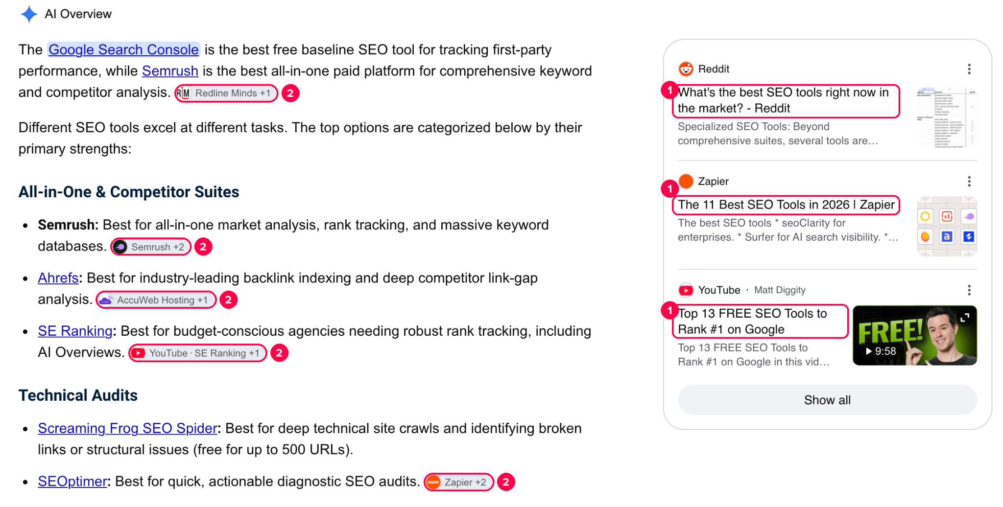 Огляд від ШІ за запитом «найкращі інструменти для SEO»: 1 – джерелами стали підбірки та огляди інструментів, 2 – посилання на ці підбірки біля тверджень у тексті